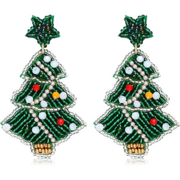 Christmas Beaded Earrings Hypoallergenic X-Mas Tree Snowflake Dangling‎ Earrings - Picture 1 of 7